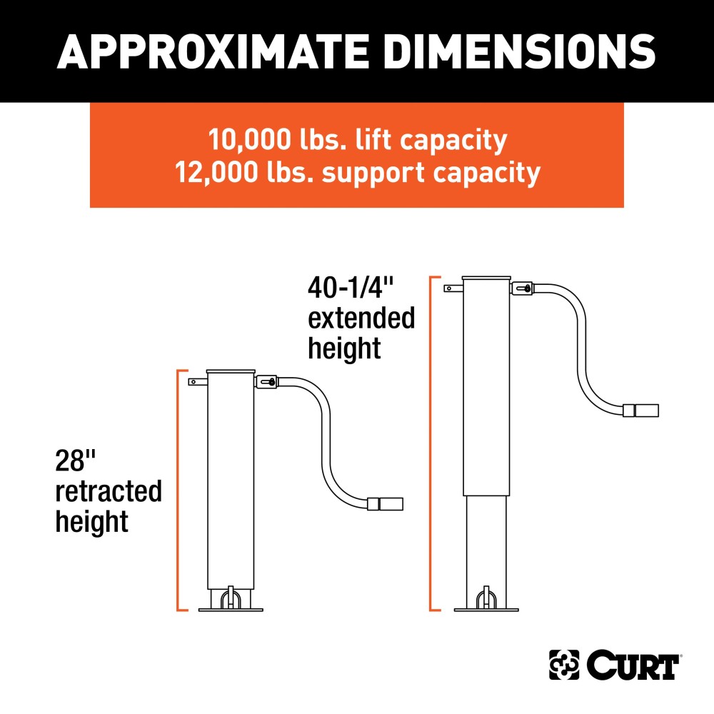 CURT Heavy-Duty Direct Weld Trailer Jack with Side-Wind Handle CURT direct weld trailer jack with side-wind handle for heavy-duty use, supports up to 12,000 lbs.