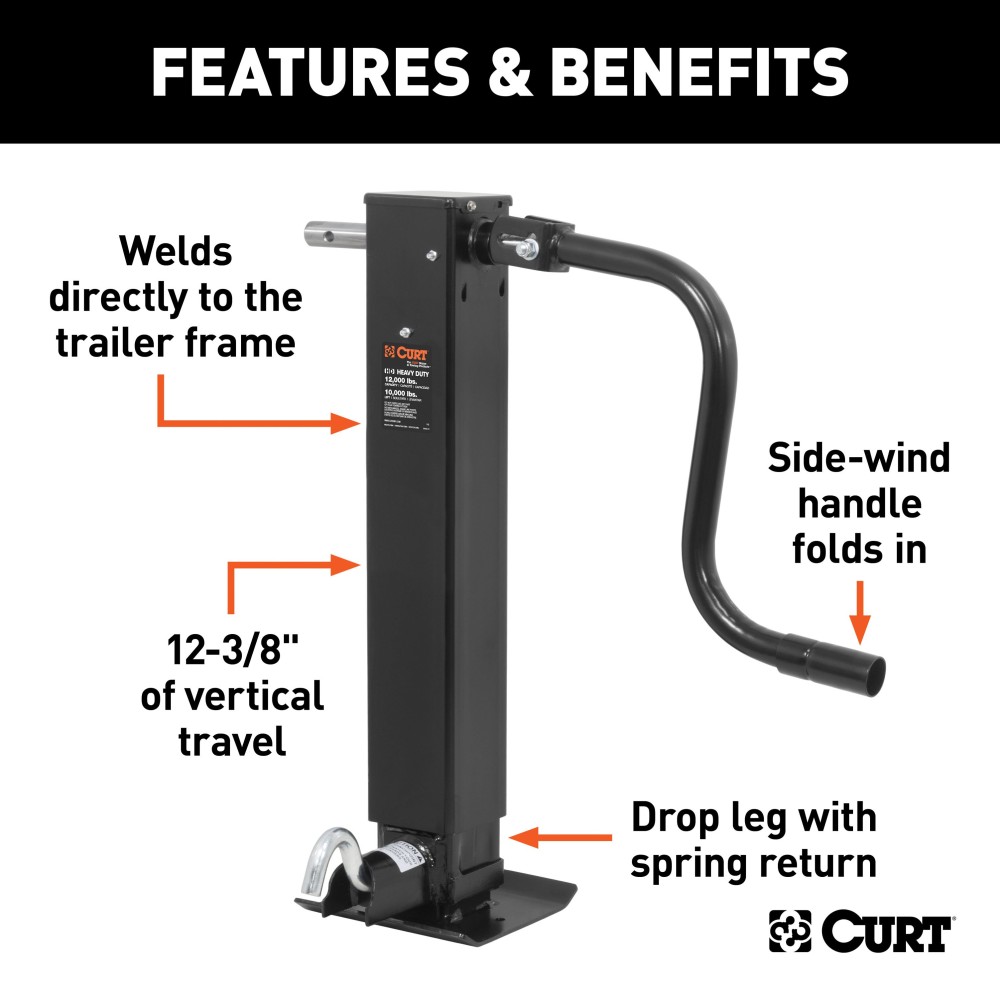 CURT Heavy-Duty Direct Weld Trailer Jack with Side-Wind Handle CURT direct weld trailer jack with side-wind handle for heavy-duty use, supports up to 12,000 lbs.