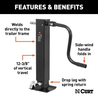 CURT Heavy-Duty Direct Weld Trailer Jack with Side-Wind Handle CURT direct weld trailer jack with side-wind handle for heavy-duty use, supports up to 12,000 lbs.