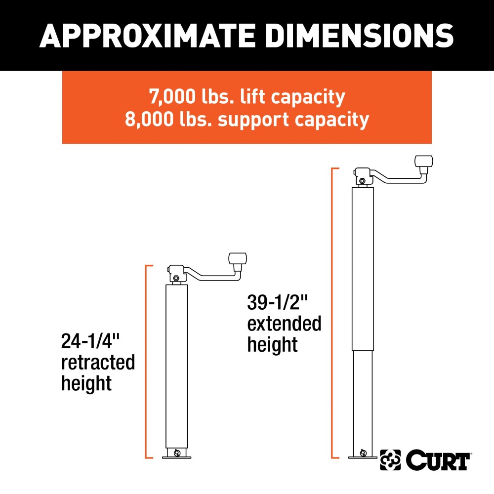 CURT direct weld square trailer jack with top-wind handle, 8,000 lbs support capacity and 7,000 lbs lift capacity