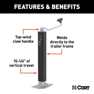 CURT direct weld square trailer jack with top-wind handle, 8,000 lbs support capacity and 7,000 lbs lift capacity