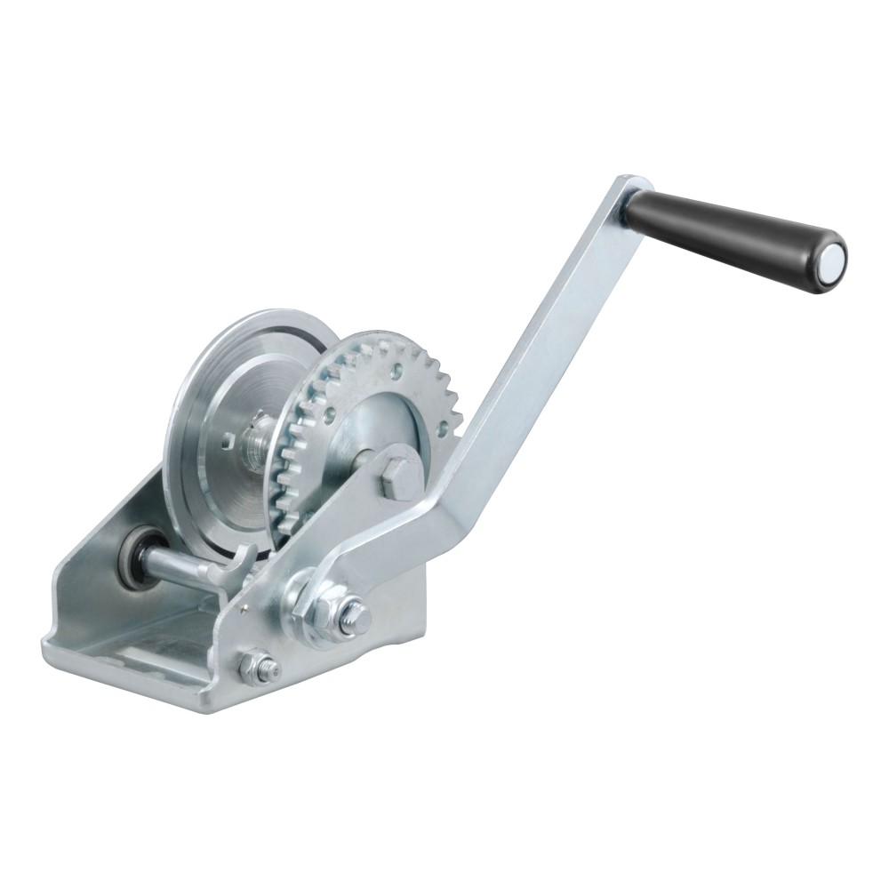 CURT hand winch with clear zinc finish, designed for boat trailers, featuring strong steel construction and 900 lbs capacity.