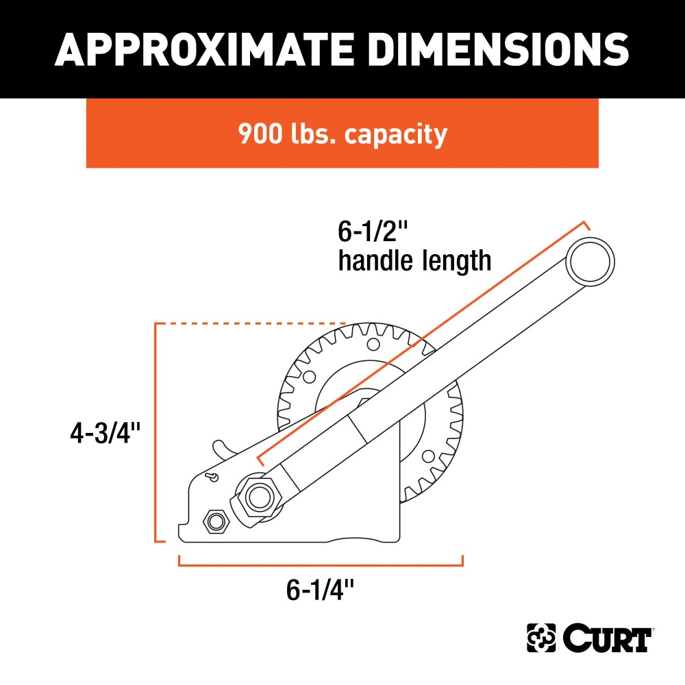 CURT hand winch with clear zinc finish, designed for boat trailers, featuring strong steel construction and 900 lbs capacity.