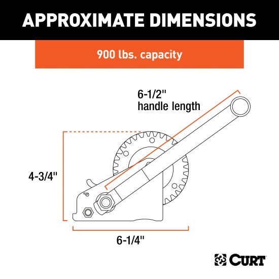 CURT hand winch with clear zinc finish, designed for boat trailers, featuring strong steel construction and 900 lbs capacity.
