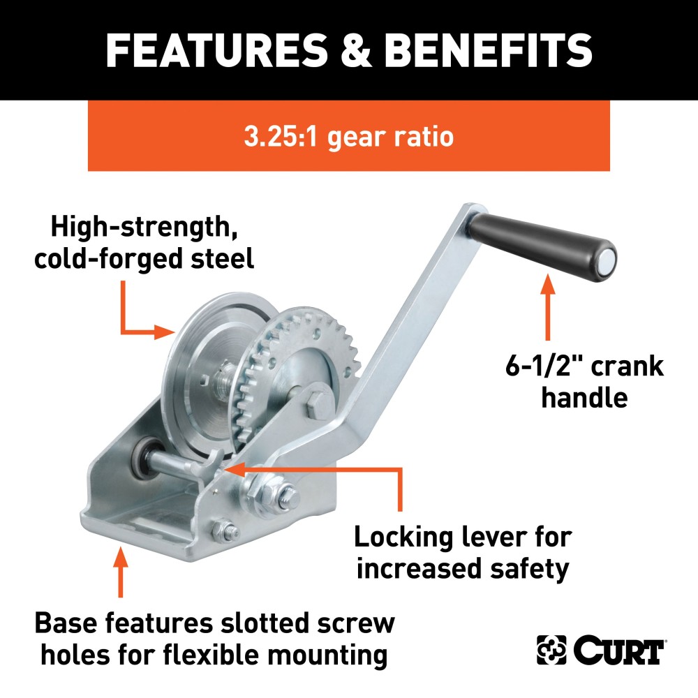 CURT hand winch with clear zinc finish, designed for boat trailers, featuring strong steel construction and 900 lbs capacity.