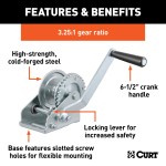CURT hand winch with clear zinc finish, designed for boat trailers, featuring strong steel construction and 900 lbs capacity.