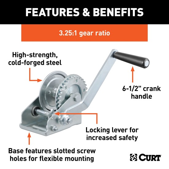 CURT hand winch with clear zinc finish, designed for boat trailers, featuring strong steel construction and 900 lbs capacity.