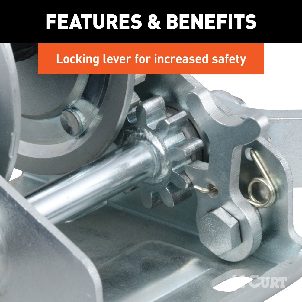 CURT hand winch with clear zinc finish, designed for boat trailers, featuring strong steel construction and 900 lbs capacity.