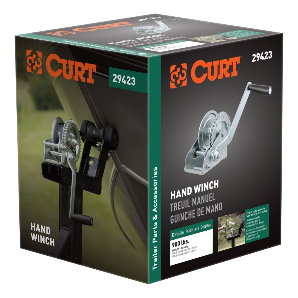CURT hand winch with clear zinc finish, designed for boat trailers, featuring strong steel construction and 900 lbs capacity.
