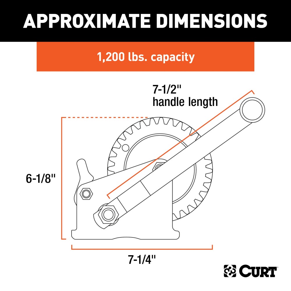 CURT hand winch designed for boat trailers with high-strength construction and 1,200 lbs capacity