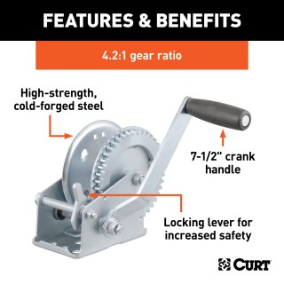 CURT hand winch designed for boat trailers with high-strength construction and 1,200 lbs capacity