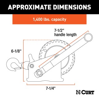 CURT hand winch with 1,400 lbs capacity and gear ratio 4.2:1, used for boat trailers and hoisting applications.