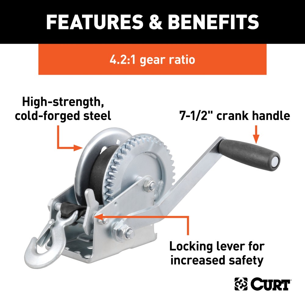 CURT hand winch with 1,400 lbs capacity and gear ratio 4.2:1, used for boat trailers and hoisting applications.