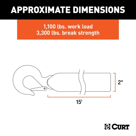 CURT 2-inch No-Stretch Nylon Winch Strap with Zinc Hook CURT winch strap with a zinc-plated snap hook, 15 feet long