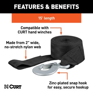 CURT winch strap with a zinc-plated snap hook, 15 feet long
