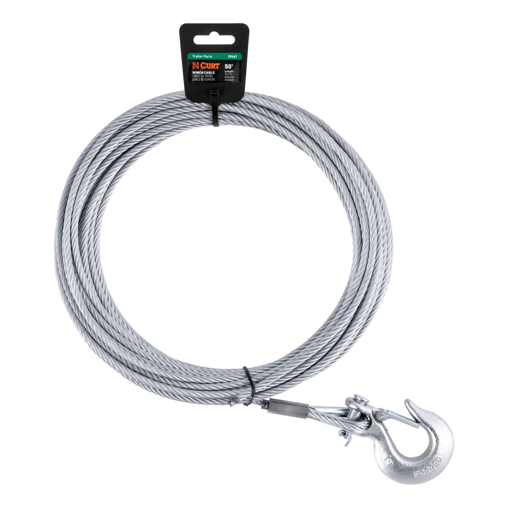 CURT 7/32 inch Steel Winch Cable with Zinc Snap Hook CURT winch cable with zinc-plated snap hook, 50 feet length, 7/32 inch steel, 5600 lbs break strength