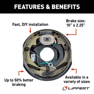 Lippert Self-Adjusting Electric Brake Assembly for RVs Lippert replacement self-adjusting electric brake assembly for RVs, left hand, fits 13 to 15 inch wheels