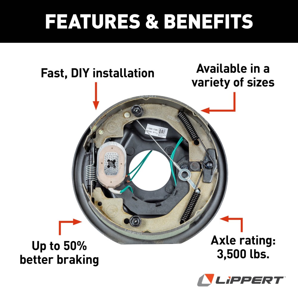 Lippert Right-Hand Self-Adjusting Electric Brake for RVs Lippert replacement self-adjusting electric brake assembly for right hand side of RVs