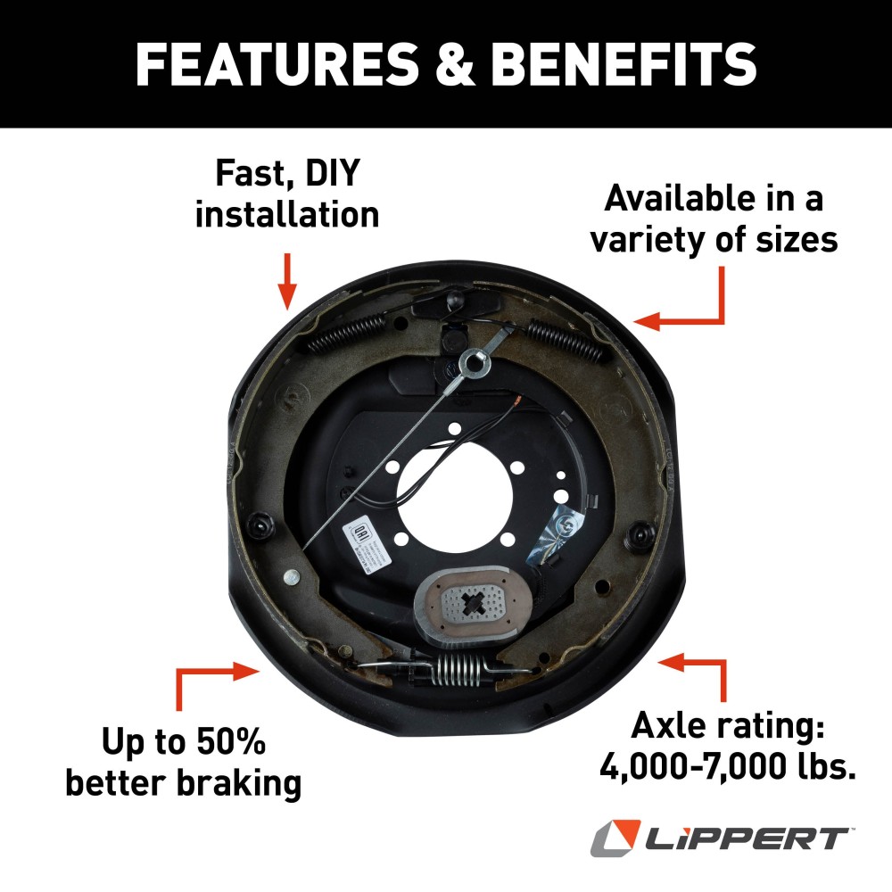 Lippert Right Hand Electric Brake Assembly for 15" to 17.5" Wheels Lippert right-hand electric brake assembly for 15" to 17.5" wheels and 5,200-8,000 lb axles.