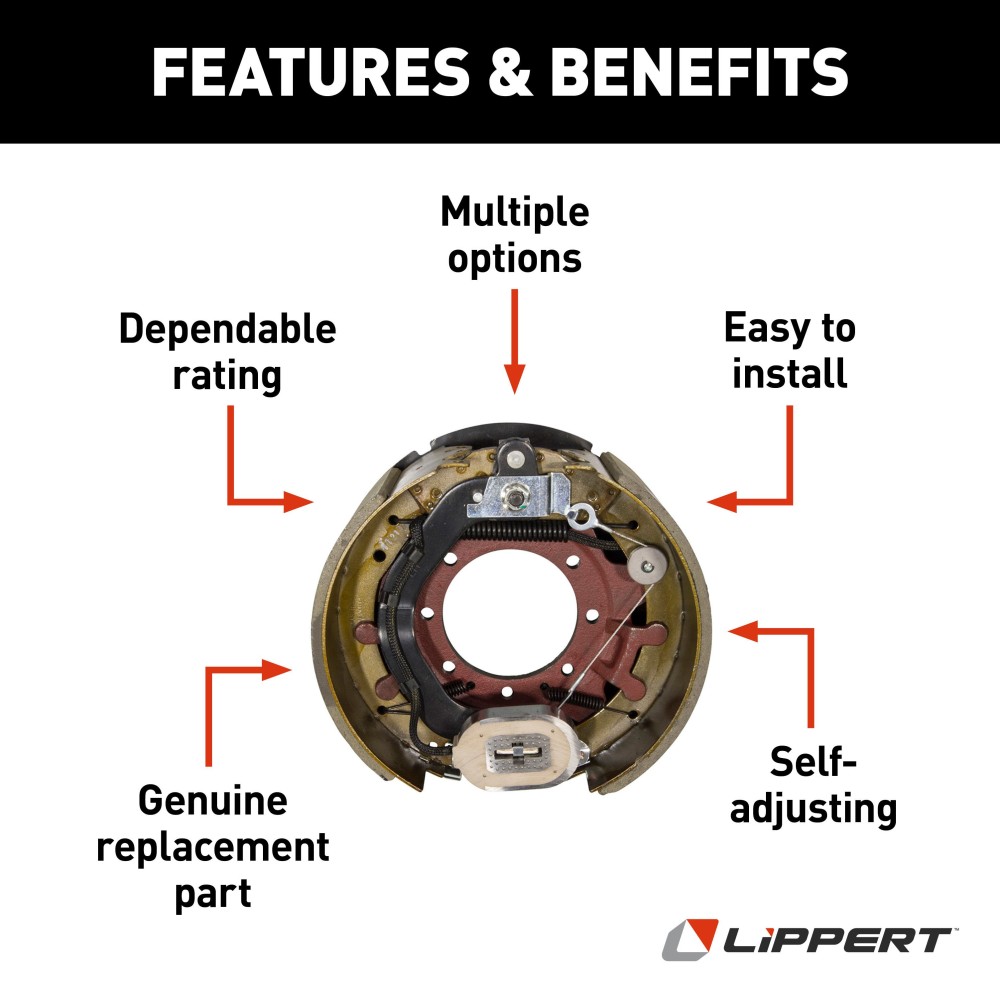 Lippert Left-Hand Electric Brake Assembly for 12,000-lb Axles Lippert electric brake assembly for left-hand side installation on 16-17.5” wheels and 12,000-lb axles.