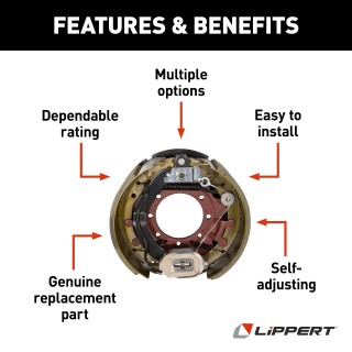 Lippert electric brake assembly for left-hand side installation on 16-17.5” wheels and 12,000-lb axles.
