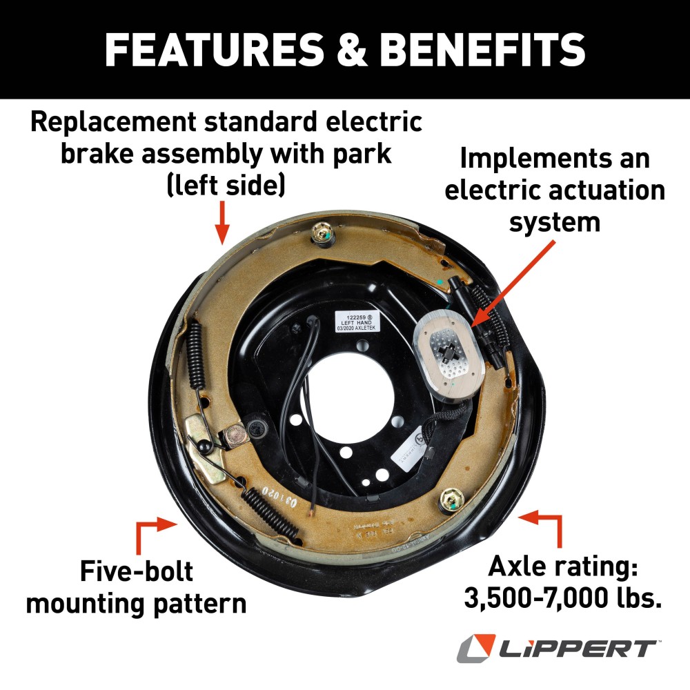 Lippert Left-Hand Brake Assembly for 5,200-7,000 lbs Axles - 12x2 Inch Lippert replacement brake assembly designed for left-hand installation on axles rated 5,200 to 8,000 lbs