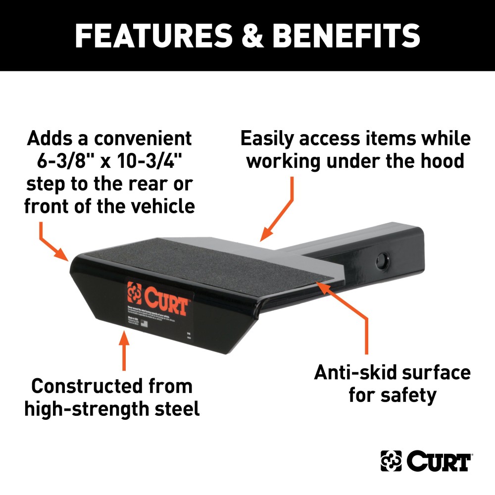 CURT Hitch-Mounted Step Pad for 2-Inch Receiver CURT hitch-mounted step pad providing safe access with anti-skid surface