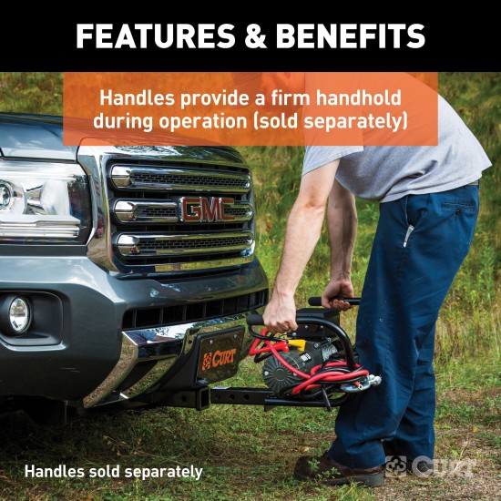 CURT Winch Mount for 2x2 Receiver with Protective Skid Shield A robust CURT winch mount fitting a 2x2 hitch receiver with skid shield protection.