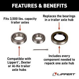 Lippert replacement bearing kit compatible with 3,500 lbs trailer axles, fits Lippert, Dexter, and Al-Ko hubs