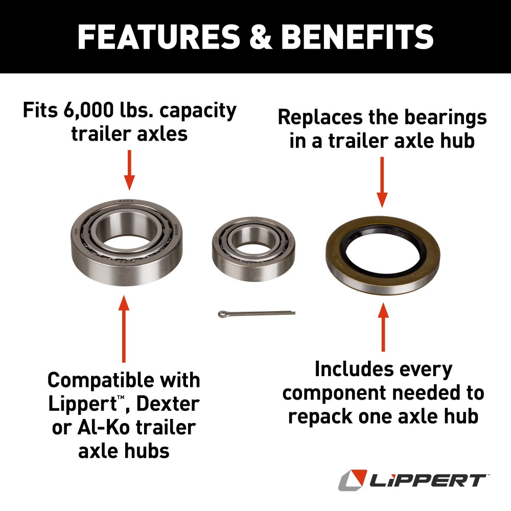 Lippert Replacement Bearing Kit for 6000 lbs Trailer Axles Lippert replacement bearing kit for trailer axle hubs with a 6000 lbs capacity