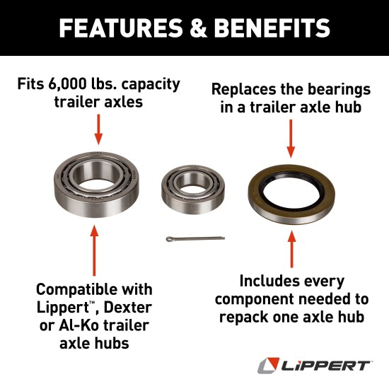 Lippert Replacement Bearing Kit for 6000 lbs Trailer Axles Lippert replacement bearing kit for trailer axle hubs with a 6000 lbs capacity