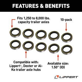 Lippert Replacement Double Lip Grease Seals for Trailer Axles Lippert replacement double lip grease seal for trailer axles, available in packs of 2 or 10