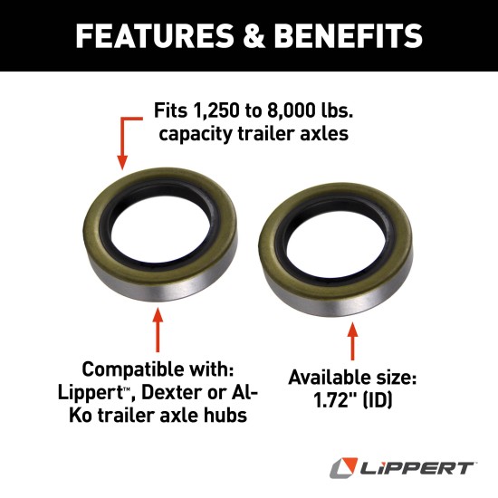 Lippert Replacement Double Lip Grease Seal for Trailer Axles Lippert double lip grease seal to fit trailer axles providing a protective barrier