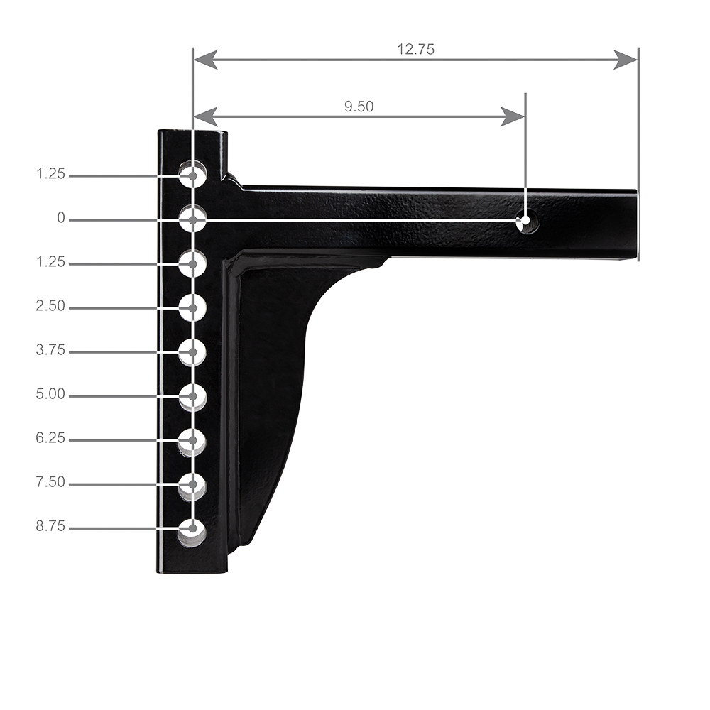 Weight Distribution Shank with 8.75" Drop and 9 Bolt Holes Weight distribution shank suitable for rise and drop applications, black powder coated.