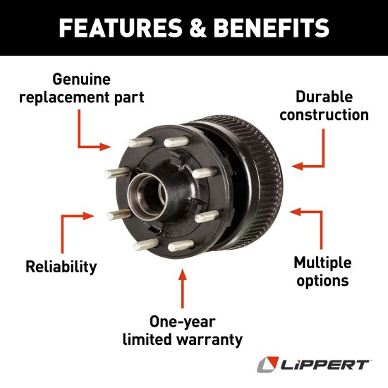 Lippert Brake Hub for 16,000-lb Axle with 8 on 275mm Pattern Lippert brake hub assembly for 16,000-lb axle featuring durable iron with 8 on 275 mm bolt pattern and 22 mm studs.
