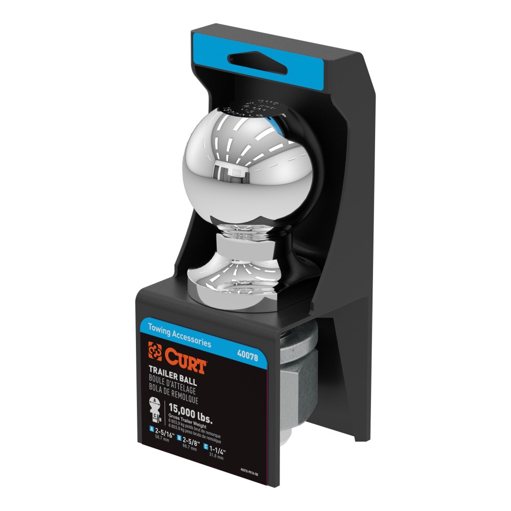 Chrome-finished CURT 2-5/16-inch trailer ball supporting 15,000 lbs towing capacity