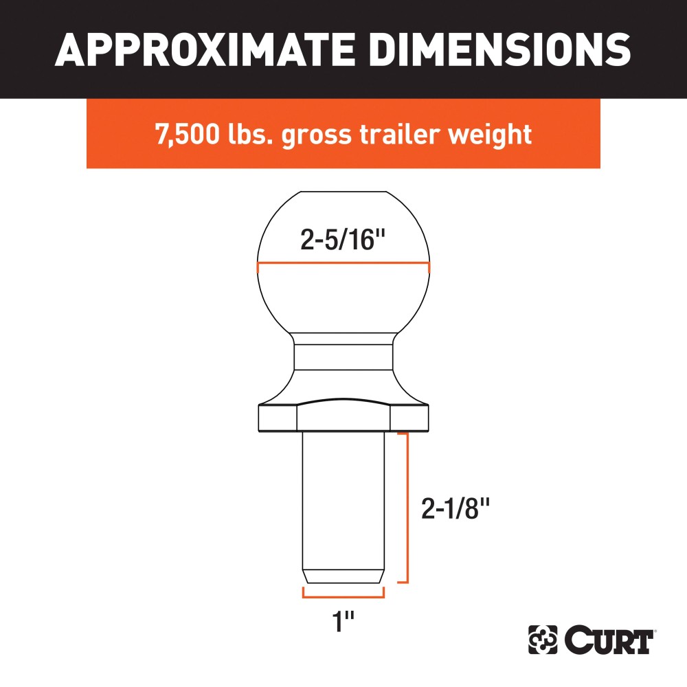 CURT 2-5/16 Inch Trailer Ball for Heavy-Duty Towing CURT 2-5/16 inch trailer ball with 7,500 lbs capacity and stainless finish