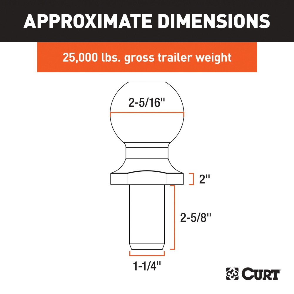 CURT 2-5/16 Inch Trailer Ball with 25,000 lbs Capacity for Towing CURT 2-5/16 inch trailer ball with 25,000 lbs capacity, for heavy-duty towing