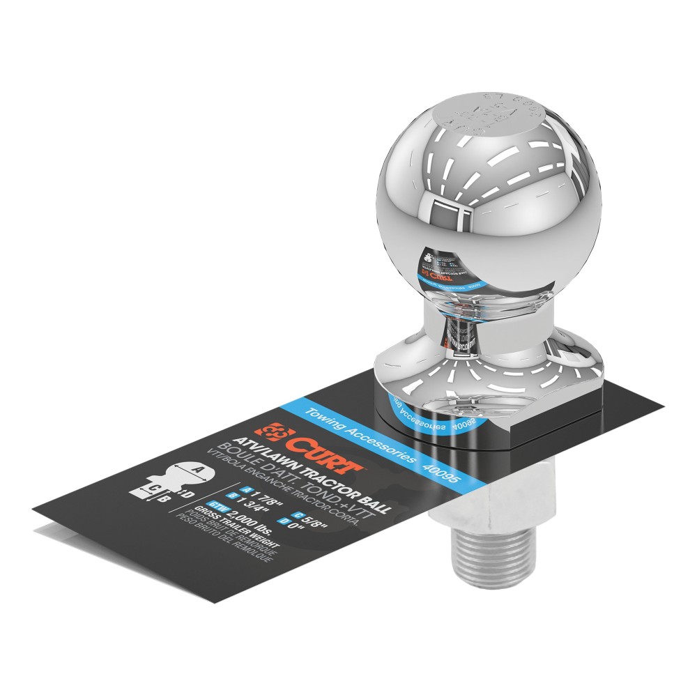 CURT ATV Tow Ball - 1-7/8 Inch, High-Strength Steel, Chrome Finish CURT ATV tow ball with chrome finish for four wheelers, UTVs, and lawn tractors, 1-7/8 inch size, suitable for 2,000 lbs GTW.