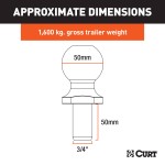 CURT 50mm Trailer Ball for European-Style Couplers - Chrome Finish CURT 50mm trailer ball with chrome finish for European couplers, 1600 kg GTW, tested for safety