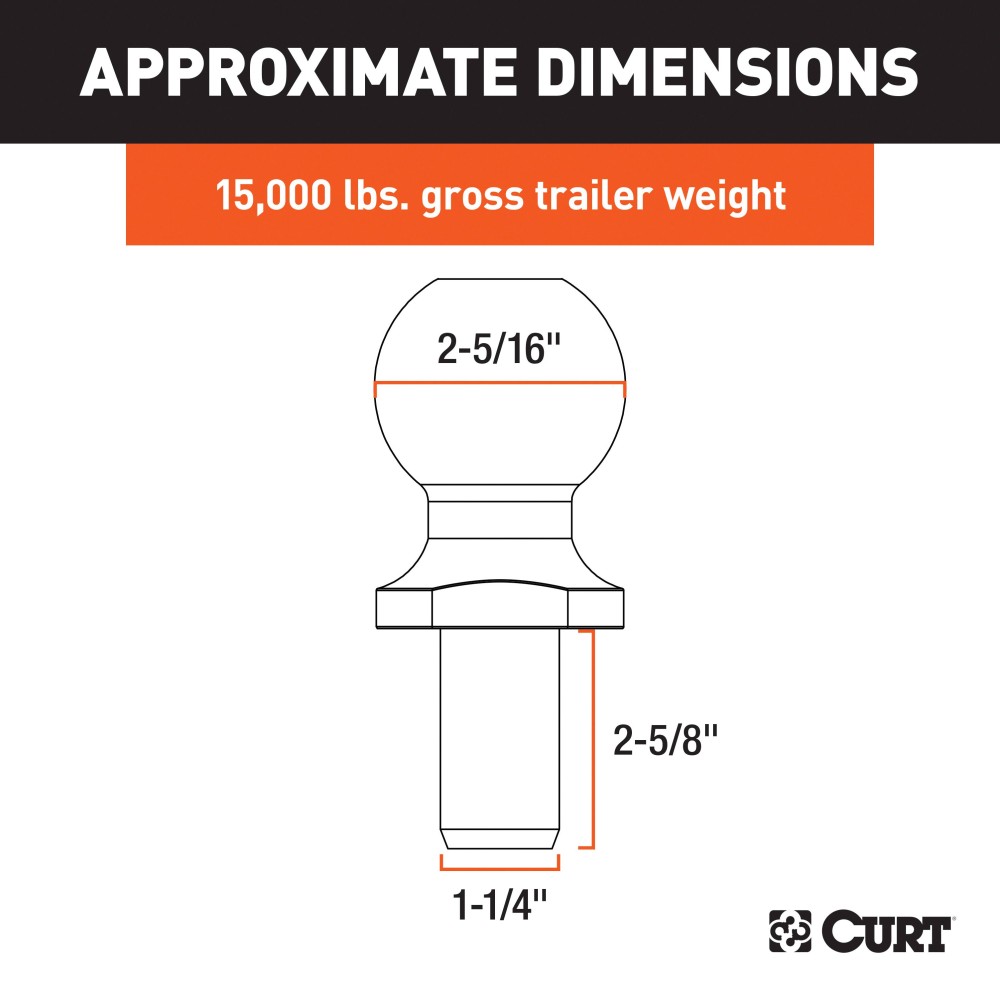 CURT chrome-finished 2-5/16-inch trailer ball for towing, rated for 15,000 lbs GTW.