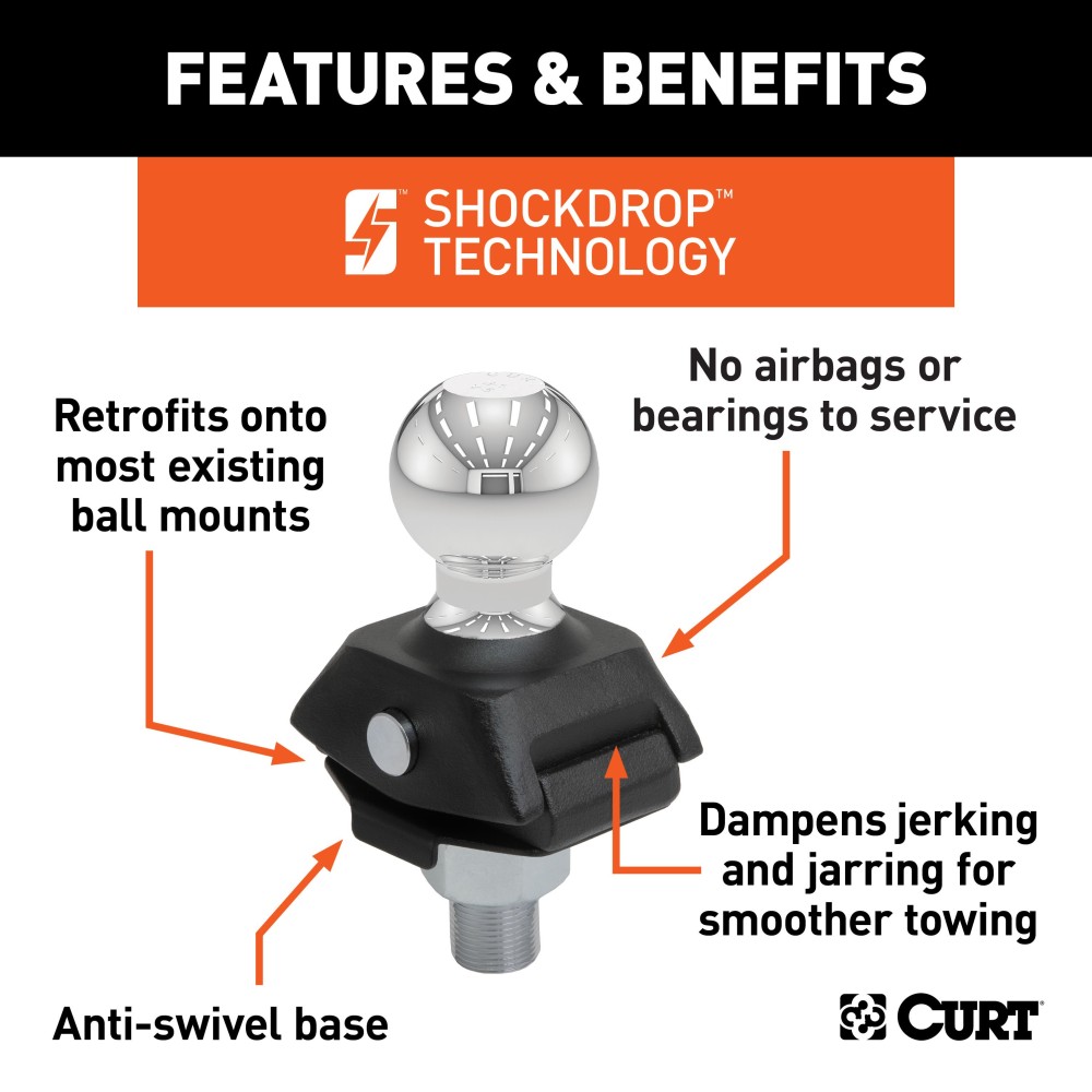 CURT RockerBall Trailer Ball with ShockDrop Technology CURT RockerBall cushion hitch ball, reducing jerking and noise at coupling point
