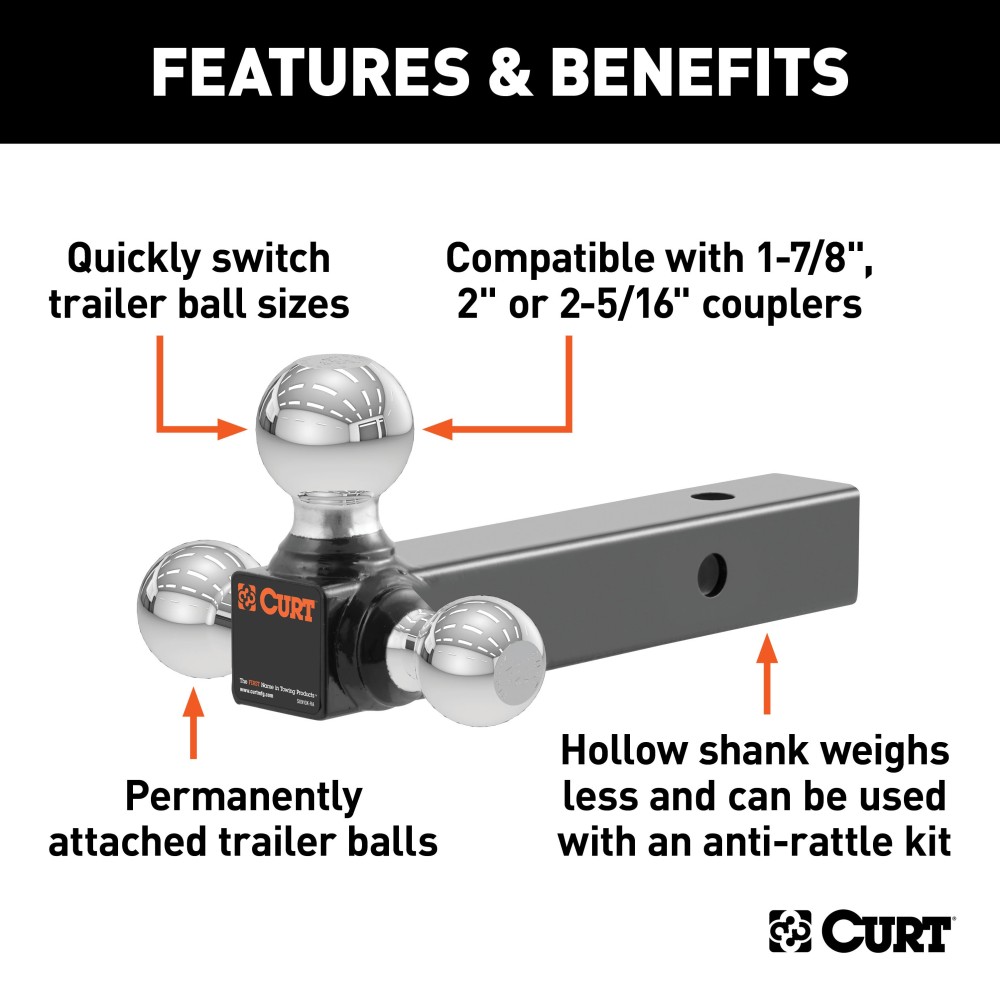 CURT Multi-Tow Ball Mount with Three Welded Trailer Balls CURT multi-tow ball mount with three welded balls on a hollow shank for versatile towing