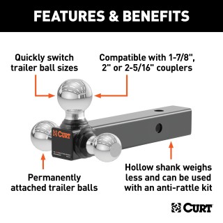 CURT Multi-Tow Ball Mount with Three Welded Trailer Balls CURT multi-tow ball mount with three welded balls on a hollow shank for versatile towing