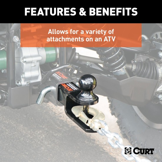 CURT 3-in-1 ATV Ball Mount with Trailer Ball and Clevis Pin CURT ATV ball mount featuring a trailer ball, clevis pin, and durable black powder coat.