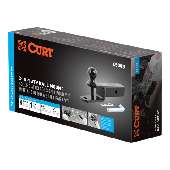CURT 3-in-1 ATV Ball Mount with Trailer Ball and Clevis Pin CURT ATV ball mount featuring a trailer ball, clevis pin, and durable black powder coat.