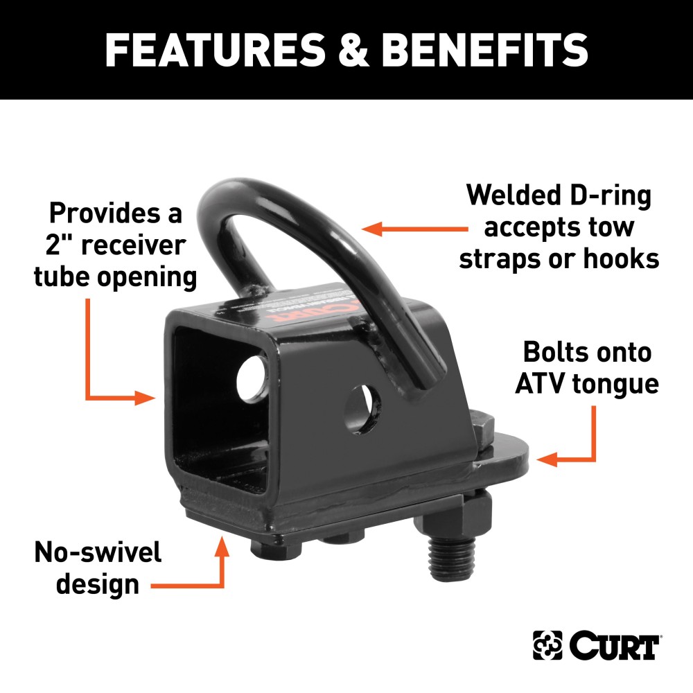 CURT ATV Towing Adapter with 2-inch Receiver and No-Swivel Design CURT ATV bolt-on adapter with 2-inch receiver and welded D-ring for towing