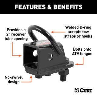 CURT ATV Towing Adapter with 2-inch Receiver and No-Swivel Design CURT ATV bolt-on adapter with 2-inch receiver and welded D-ring for towing