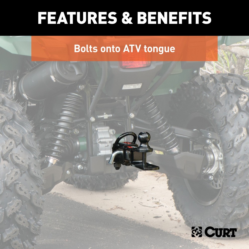 CURT ATV Towing Adapter with 2-inch Receiver and No-Swivel Design CURT ATV bolt-on adapter with 2-inch receiver and welded D-ring for towing