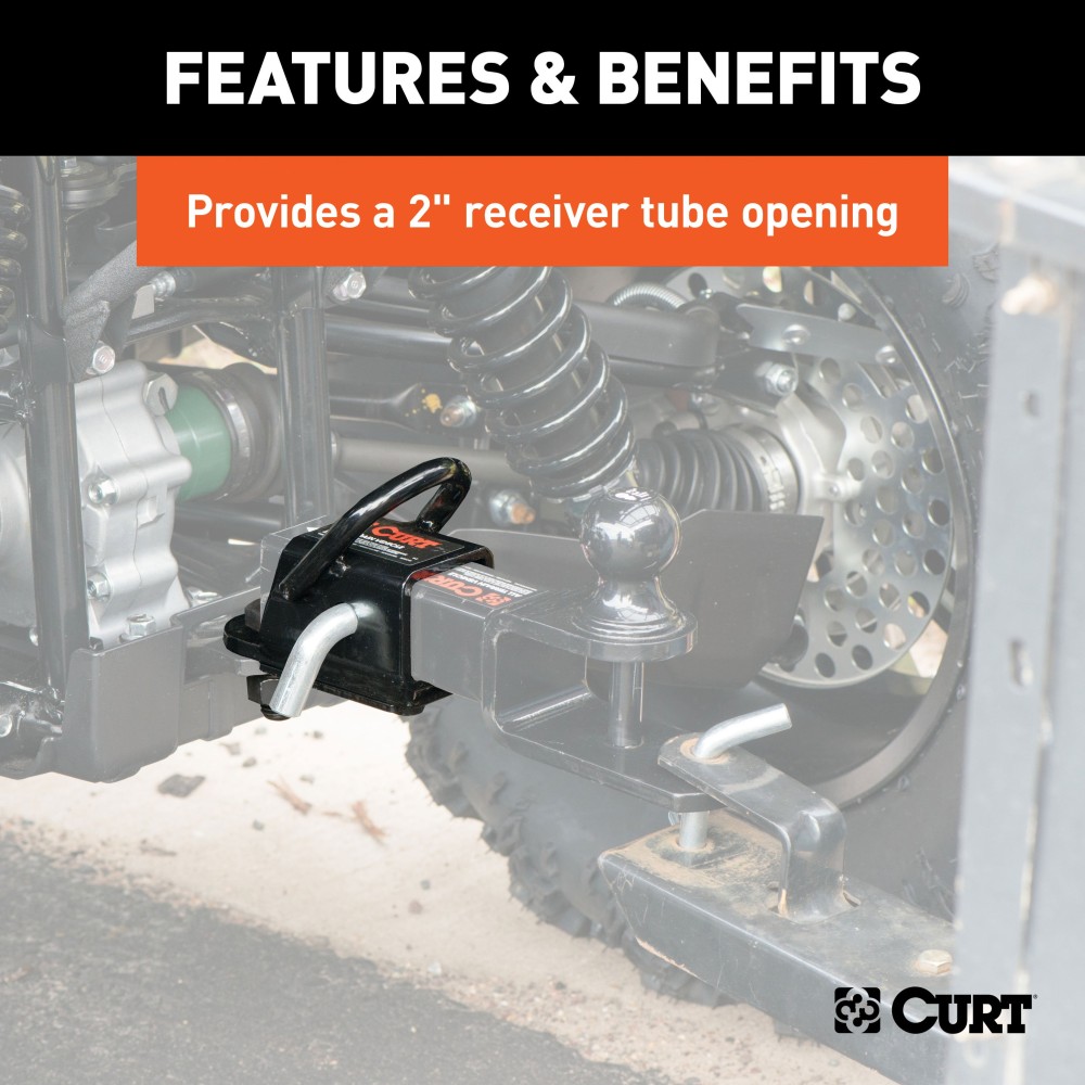 CURT ATV Towing Adapter with 2-inch Receiver and No-Swivel Design CURT ATV bolt-on adapter with 2-inch receiver and welded D-ring for towing